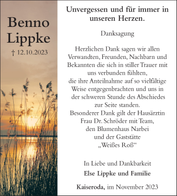 Traueranzeige von Benno Lippke von Südthüringer Presse