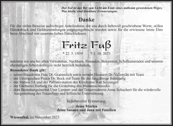 Traueranzeige von Fritz Fuß von Südthüringer Presse
