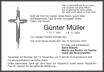 Traueranzeige von Günter Müller von Frankenpost