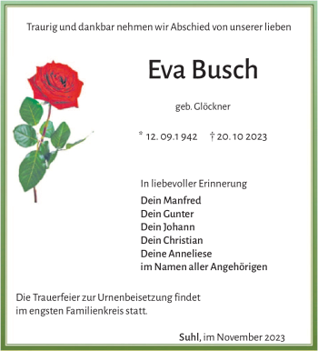Traueranzeige von Eva Busch von Südthüringer Presse