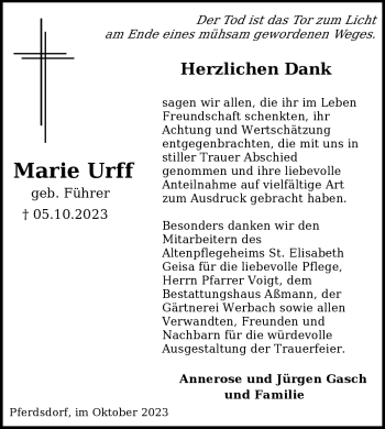 Traueranzeige von Marie Urff von Südthüringer Presse