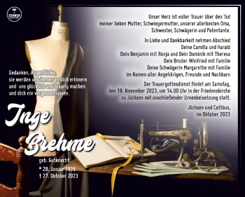 Traueranzeige von Inge Brehme von Südthüringer Presse