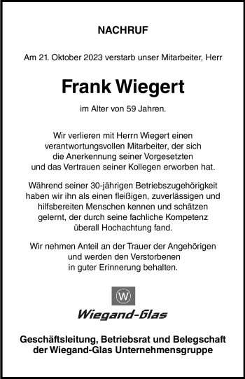 Traueranzeige von Frank Wiegert von Südthüringer Presse