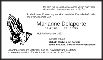 Traueranzeige von Marianne Delaporte von Frankenpost