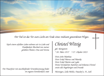 Traueranzeige von Christel Wittig von Südthüringer Presse