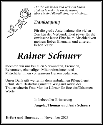 Traueranzeige von Rainer Schnurr von Südthüringer Presse