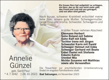 Traueranzeige von Annelie Günzel von Südthüringer Presse