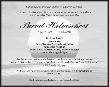 Traueranzeige von Bernd Helmschrot von Südthüringer Presse