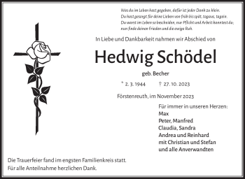 Traueranzeige von Hedwig Schödel von Frankenpost