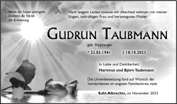 Traueranzeige von Gudrun Taubmann von Südthüringer Presse