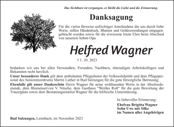 Traueranzeige von Helfred Wagner von Südthüringer Presse