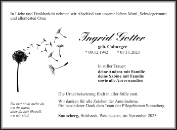 Traueranzeige von Ingrid Gotter von Südthüringer Presse