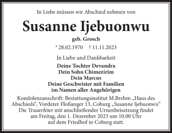 Traueranzeige von Susanne Ijebuonwu von Neue Presse Coburg