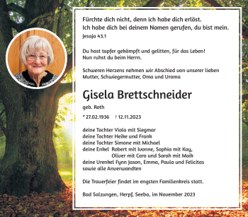 Traueranzeige von Gisela Brettschneider von Südthüringer Presse