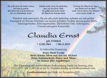 Traueranzeige von Claudia Ernst von Südthüringer Presse
