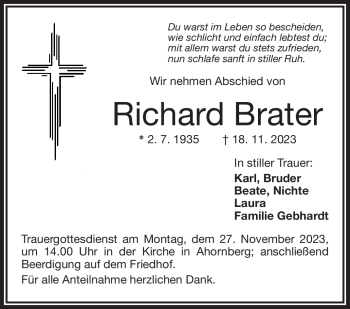 Traueranzeige von Richard Brater von Frankenpost