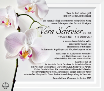 Traueranzeige von Vera Schreier von Südthüringer Presse