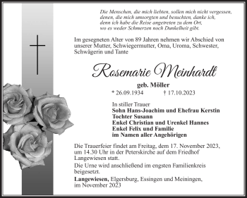 Traueranzeige von Rosemarie Meinhardt von Südthüringer Presse