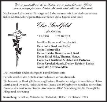 Traueranzeige von Else Saalfeld von Südthüringer Presse
