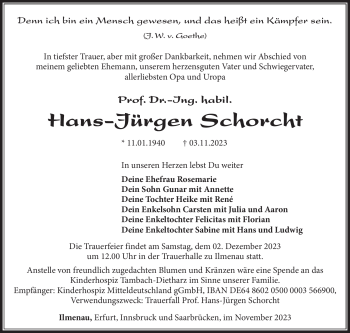 Traueranzeige von Hans-Jürgen Schorcht von Südthüringer Presse