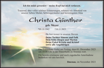 Traueranzeige von Christa Günther von Südthüringer Presse