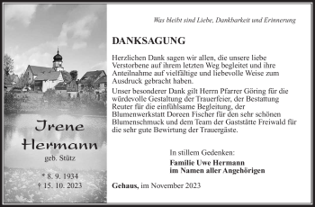 Traueranzeige von Irene Hermann von Südthüringer Presse
