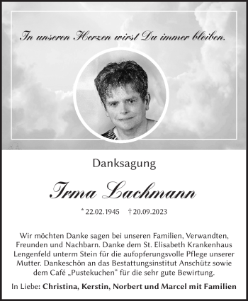 Traueranzeige von Irma Lachmann von Südthüringer Presse