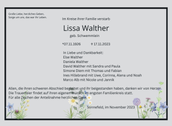 Traueranzeige von Lissa Walter von Neue Presse Coburg