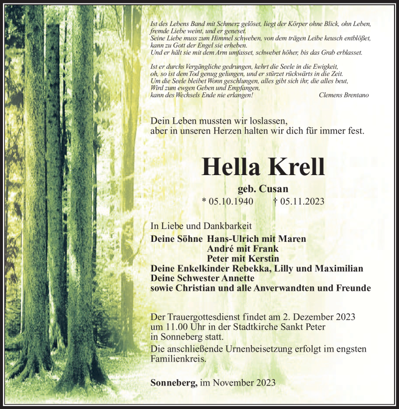  Traueranzeige für Hella Krell vom 25.11.2023 aus Südthüringer Presse