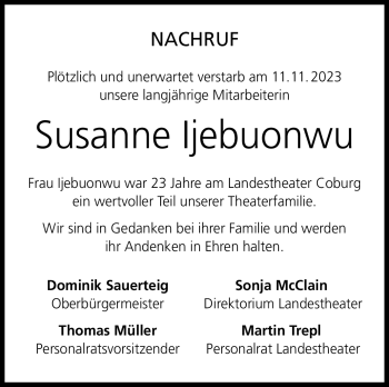Traueranzeige von Susanne Ijebuonwu von Neue Presse Coburg