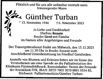 Traueranzeige von Günther Turban von Frankenpost