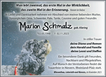 Traueranzeige von Marion Schmalz von Südthüringer Presse