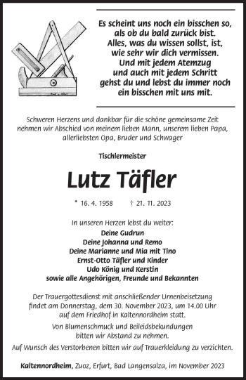 Traueranzeige von Lutz Täfler von Südthüringer Presse