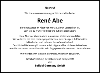 Traueranzeige von René Abe von Südthüringer Presse