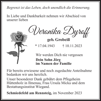 Traueranzeige von Veronika Dyroff von Südthüringer Presse