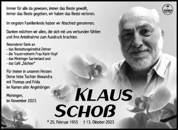 Traueranzeige von Klaus Schoß von Südthüringer Presse
