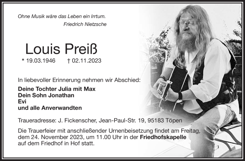  Traueranzeige für Louis Preiß vom 18.11.2023 aus Frankenpost