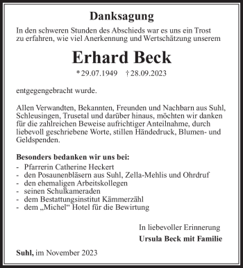 Traueranzeige von Erhard Beck von Südthüringer Presse