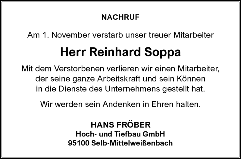  Traueranzeige für Reinhard Soppa vom 17.11.2023 aus Frankenpost