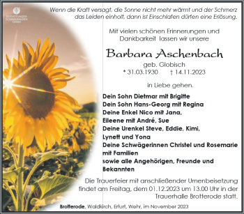 Traueranzeige von Barbara Aschenbach von Südthüringer Presse