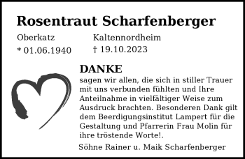 Traueranzeige von Rosentraut Scharfenberger von Südthüringer Presse