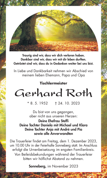 Traueranzeige von Gerhard Roth von Südthüringer Presse