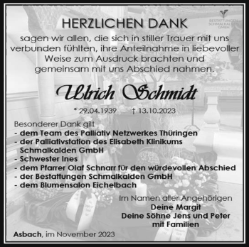Traueranzeige von Ulrich Schmidt von Südthüringer Presse