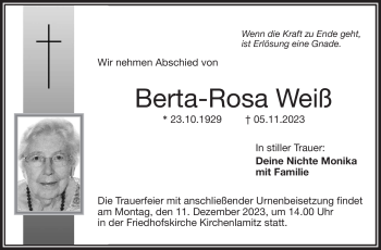 Traueranzeige von Berta-Rosa Weiß von Frankenpost