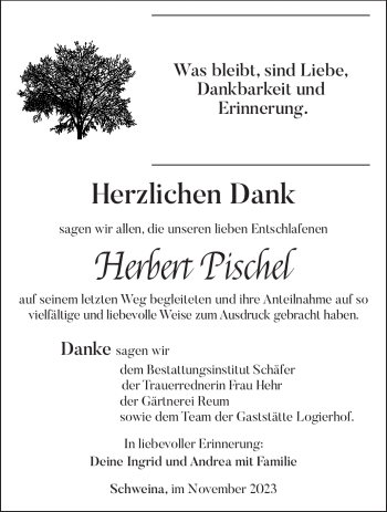 Traueranzeige von Herbert Pischel von Südthüringer Presse