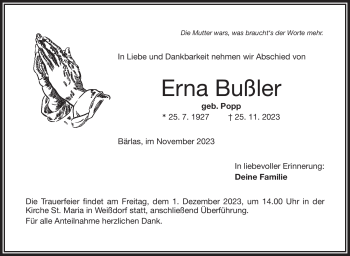 Traueranzeige von Erna Bußler von Frankenpost
