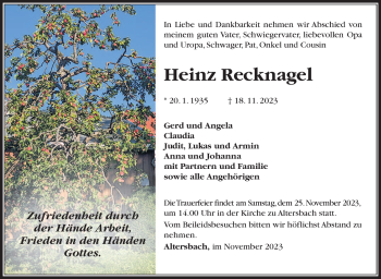 Traueranzeige von Heinz Recknagel von Südthüringer Presse
