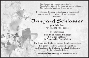 Traueranzeige von Irmgard Schlosser von Südthüringer Presse