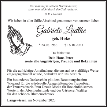 Traueranzeige von Gabriele Lüdtke von Südthüringer Presse
