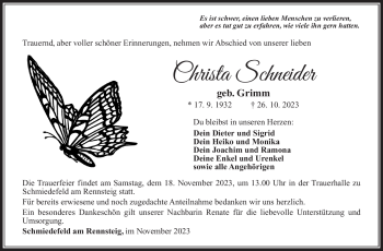 Traueranzeige von Christa Schneider von Südthüringer Presse